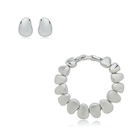 Conjunto de brinco e pulseira acetinado liso banho em rodio branco