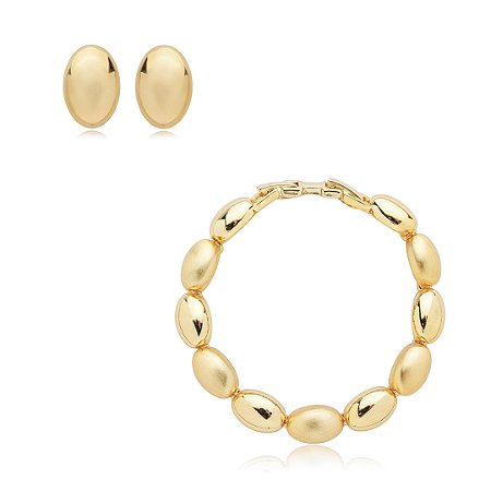 Conjunto de brinco e pulseira acetinado liso banho em ouro 18k