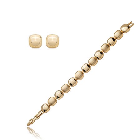 Conjunto de brinco e pulseira acetinado liso banho em ouro 18k