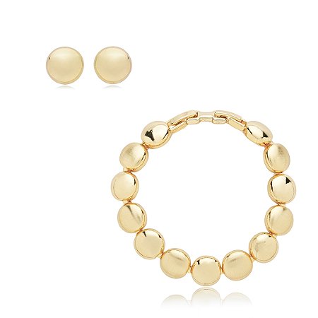 Conjunto de brinco e pulseira acetinado liso banho em ouro 18k