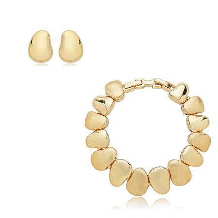 Conjunto de brinco e pulseira acetinado liso banho em ouro 18k