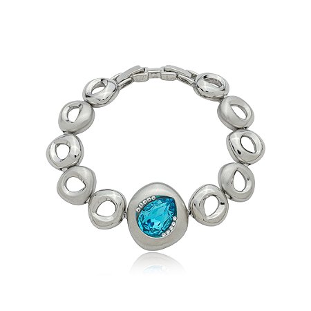 Pulseira acetinada cravejada de zirconia turquesa banho em rodio branco