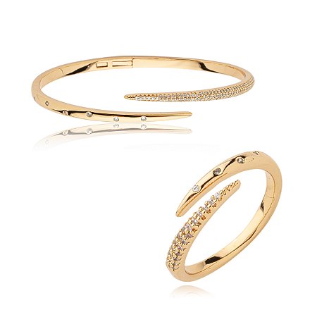 Conjunto de anel e bracelete cravejado de zirconia cristal banho em ouro 18k
