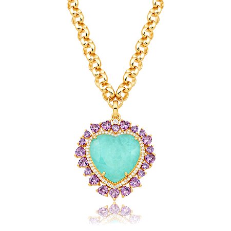Colar com pingente cravejado de zircônia e pedra fusion turmalina banho em ouro 18k