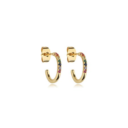 Brinco de argola cravejado de zirconia rainbow banho em ouro 18k