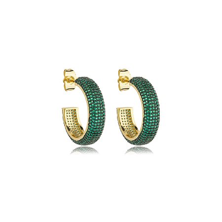 Brinco de argola cravejado de zirconia esmeralda banho em ouro 18k