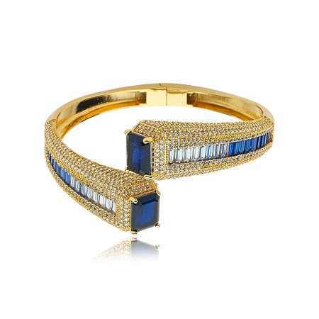 Bracelete cravejado de zirconia safira e pedra fusion banho em ouro 18k