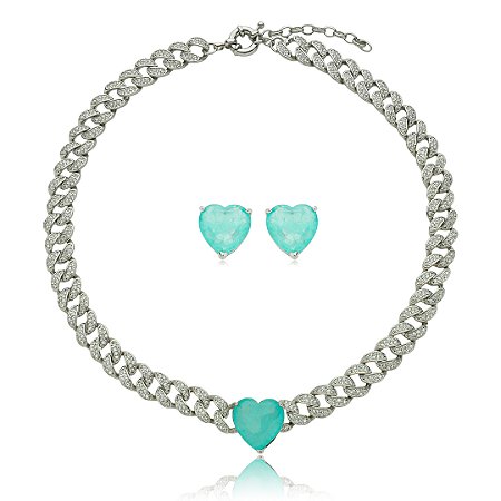 Conjunto de brinco e colar cravejado de zirconia cristal e pedra fusion banho em rodio branco