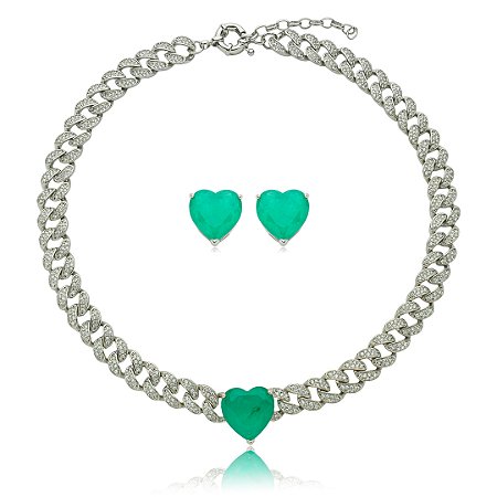 Conjunto de brinco e colar cravejado de zirconia cristal e pedra fusion banho em rodio branco