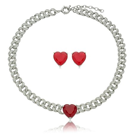 Conjunto de brinco e colar cravejado de zirconia cristal e pedra fusion banho em rodio branco