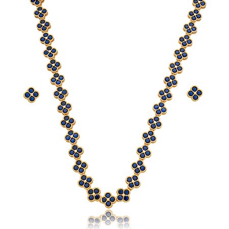 Conjunto de brinco e colar cravejado de zirconia safira banho em ouro 18k