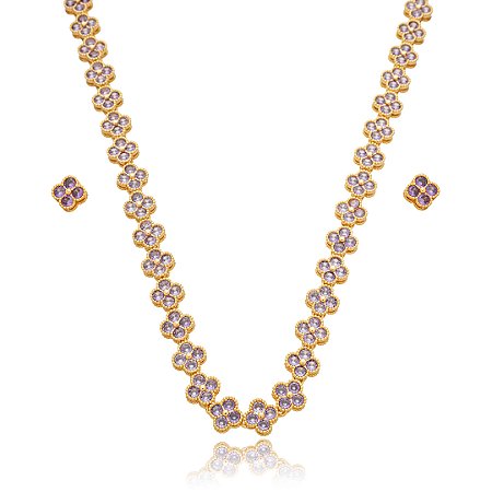 Conjunto de brinco e colar cravejado de zirconia ametista banho em ouro 18k