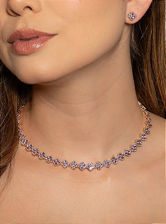 Conjunto flor de brinco e colar cravejado de zircônia ametista banho em ouro 18k