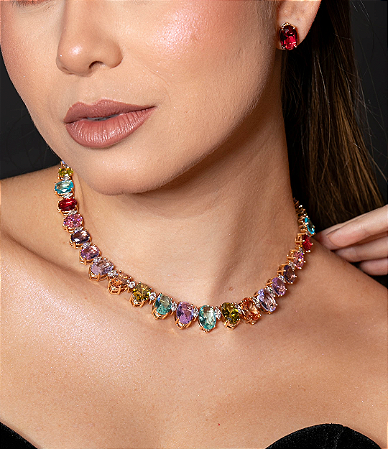 Conjunto de brinco e colar cravejado de zirconia rainbow banho em ouro 18k