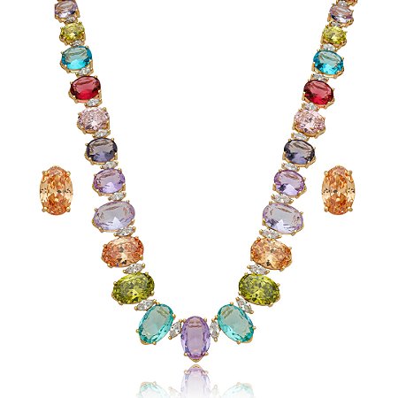 Conjunto de brinco e colar cravejado de zirconia rainbow banho em ouro 18k