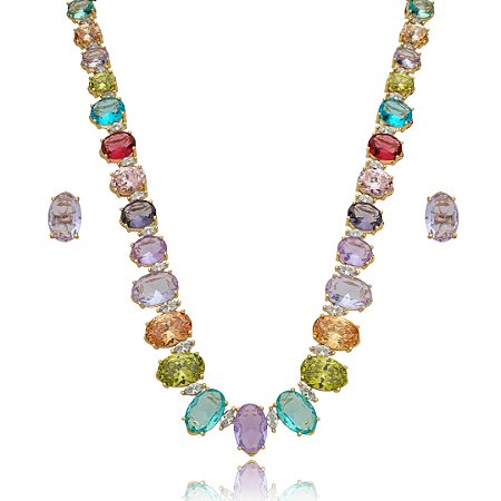 Conjunto de brinco e colar cravejado de zirconia rainbow banho em ouro 18k