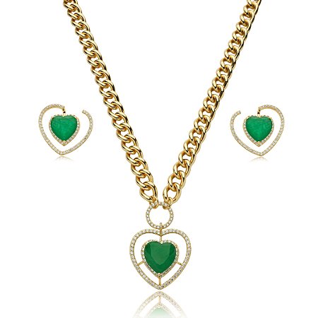 Conjunto de brinco e colar cravejado de zirconia e pedra fusion banho em ouro 18k