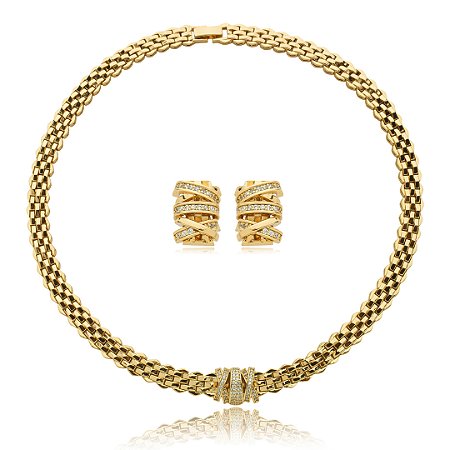 Conjunto de brinco e colar cravejado de zirconia cristal banho em ouro 18k