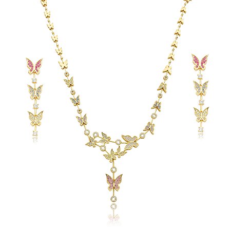 Conjunto de brinco e colar cravejado de zirconia cristal banho em ouro 18k