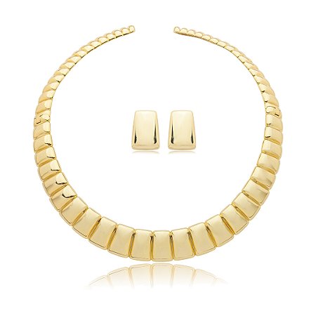 Conjunto de brinco e colar liso banho em ouro 18k