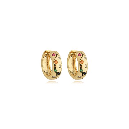 Brinco de argola cravejado de zirconia rainbow banho em ouro 18k