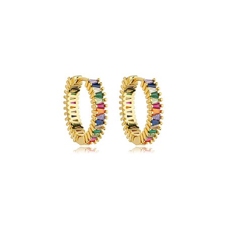 Brinco de argola cravejado de zirconia rainbow banho em ouro 18k
