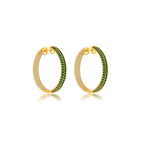 Brinco luxo de argola cravejado de zircônia esmeralda banho em ouro 18k