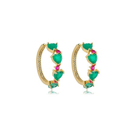 Brinco de argola cravejado de zircônia pink e pedra fusion esmeralda banho em ouro 18k
