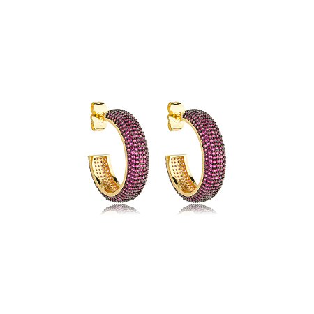 Brinco de argola cravejado de zirconia pink banho em ouro 18k