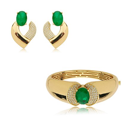 Conjunto de brinco e bracelete cravejado de zirconia e pedra fusion banho em ouro 18k