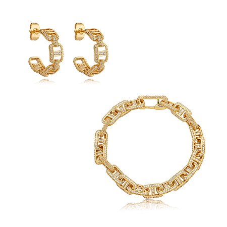 Conjunto de brinco e bracelete cravejado de zirconia cristal banho em ouro 18k