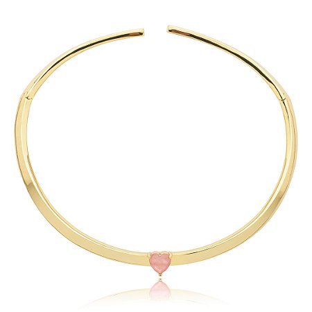 Colar Aro dourado liso com pedra fusion rosa banho em ouro 18k