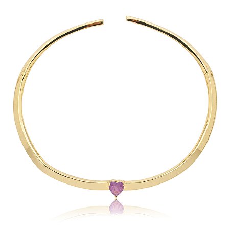 Colar Aro dourado liso com pedra fusion ametista banho em ouro 18k