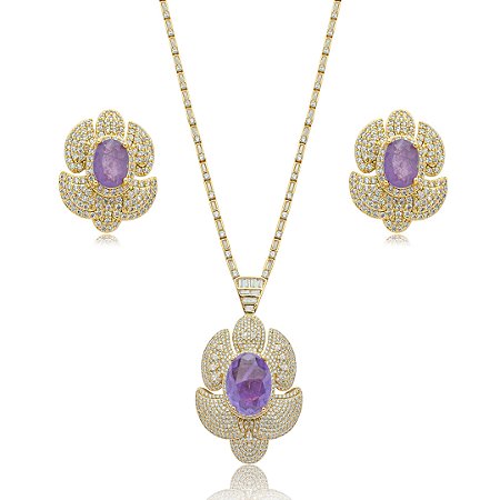 Conjunto de brinco e colar cravejado de zirconia e pedra fusion banho em ouro 18k
