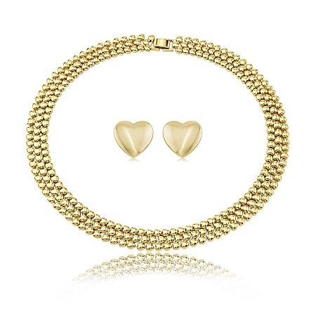Conjunto de coração brinco e colar liso dourado banho em ouro 18k