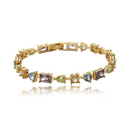 Pulseira cravejado de zirconia rainbow banho em ouro 18k