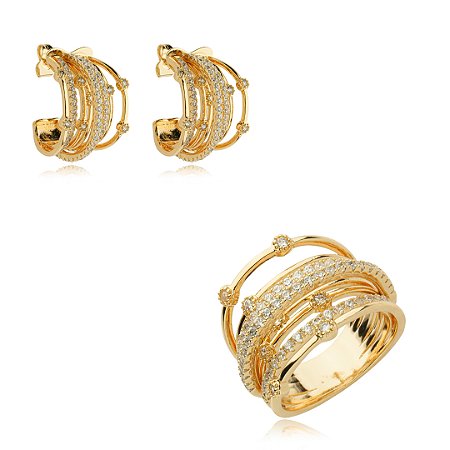 Conjunto de anel e brinco cravejado de zirconia cristal banho em ouro 18k