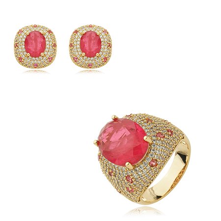 Conjunto de anel e brinco cravejado de zircônia e pedra fusion rubelita banho em ouro 18k