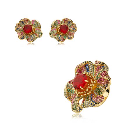 Conjunto de brinco e anel flor cravejado de zircônia colorida banho em ouro 18k