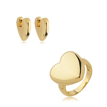 Conjunto de anel e brinco dourado liso banho em ouro 18k