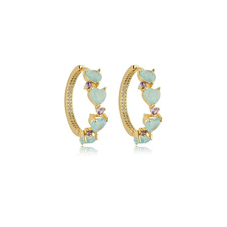 Brinco de argola com zirconia e pedra fusion banho em ouro 18k