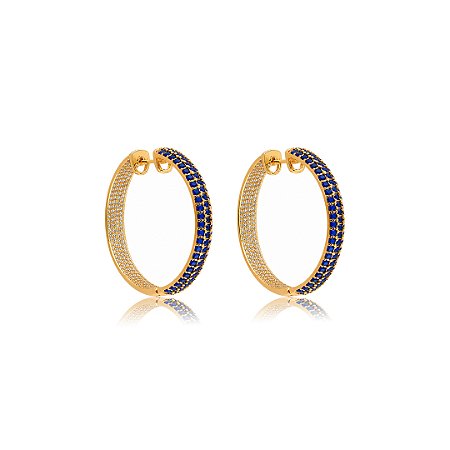 Brinco luxo de argola com zircônia safira banho em ouro 18k