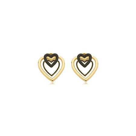 Brinco de coração cravejado de zirconia onix banho em ouro 18k