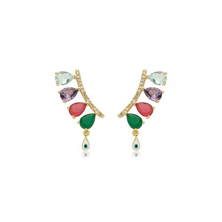 Brinco cravejado de zirconia rainbow banho em ouro 18k