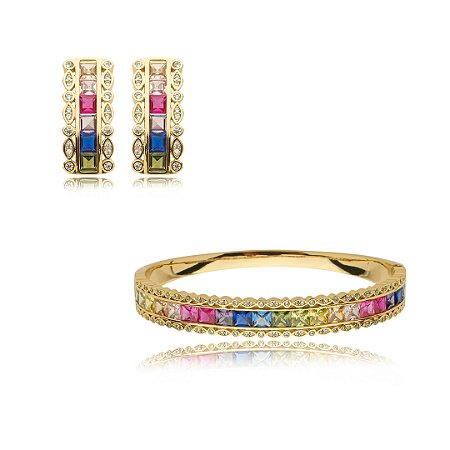 Conjunto de brinco e bracelete cravejado de zirconia rainbow banho em ouro 18k