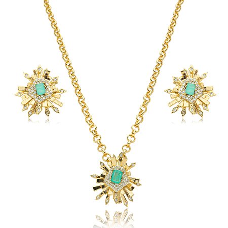 Conjunto de brinco e colar cravejado de zirconia e pedra fusion banho em ouro 18k