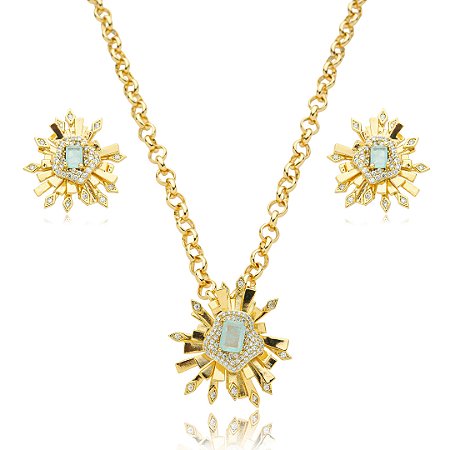 Conjunto de brinco e colar cravejado de zirconia e pedra fusion banho em ouro 18k