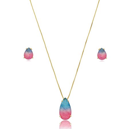 Conjunto de brinco e colar cravejado de pedra fusion banho em ouro 18k