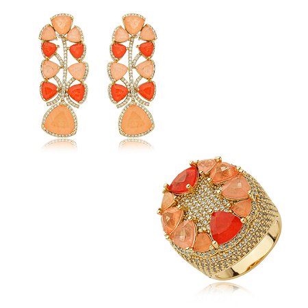 Conjunto de brinco e anel cravejado de zirconia e pedra fusion banho em ouro 18k