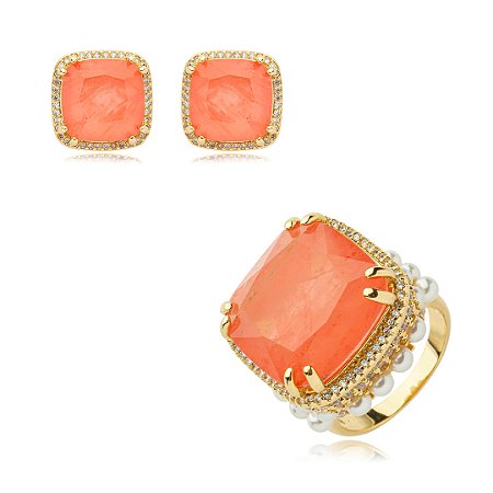 Conjunto de brinco e anel cravejado de zirconia e pedra fusion banho em ouro 18k